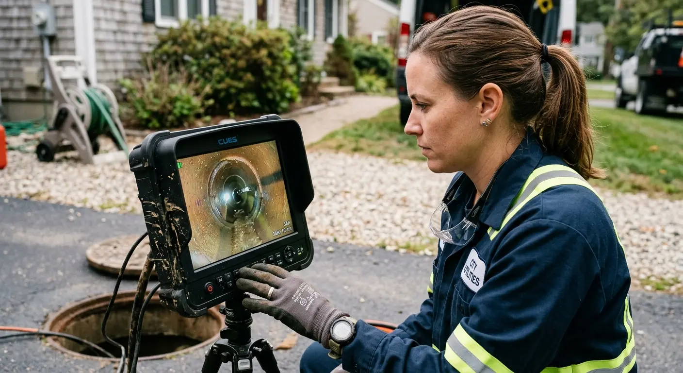 Technician reviewing sewer camera inspection footage in Schuylkill Haven