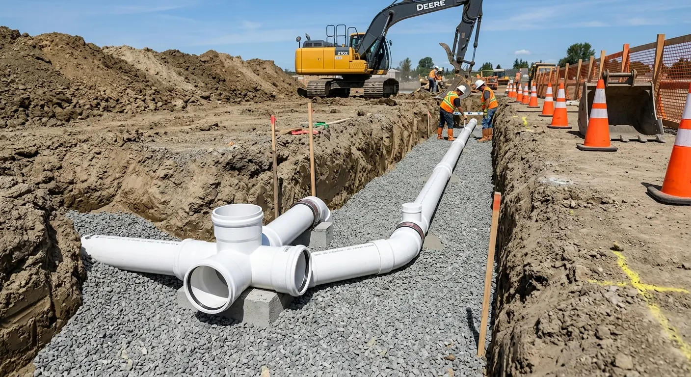 New PVC sewer pipe installation in open trench for Sewer Backup in Schuylkill Haven