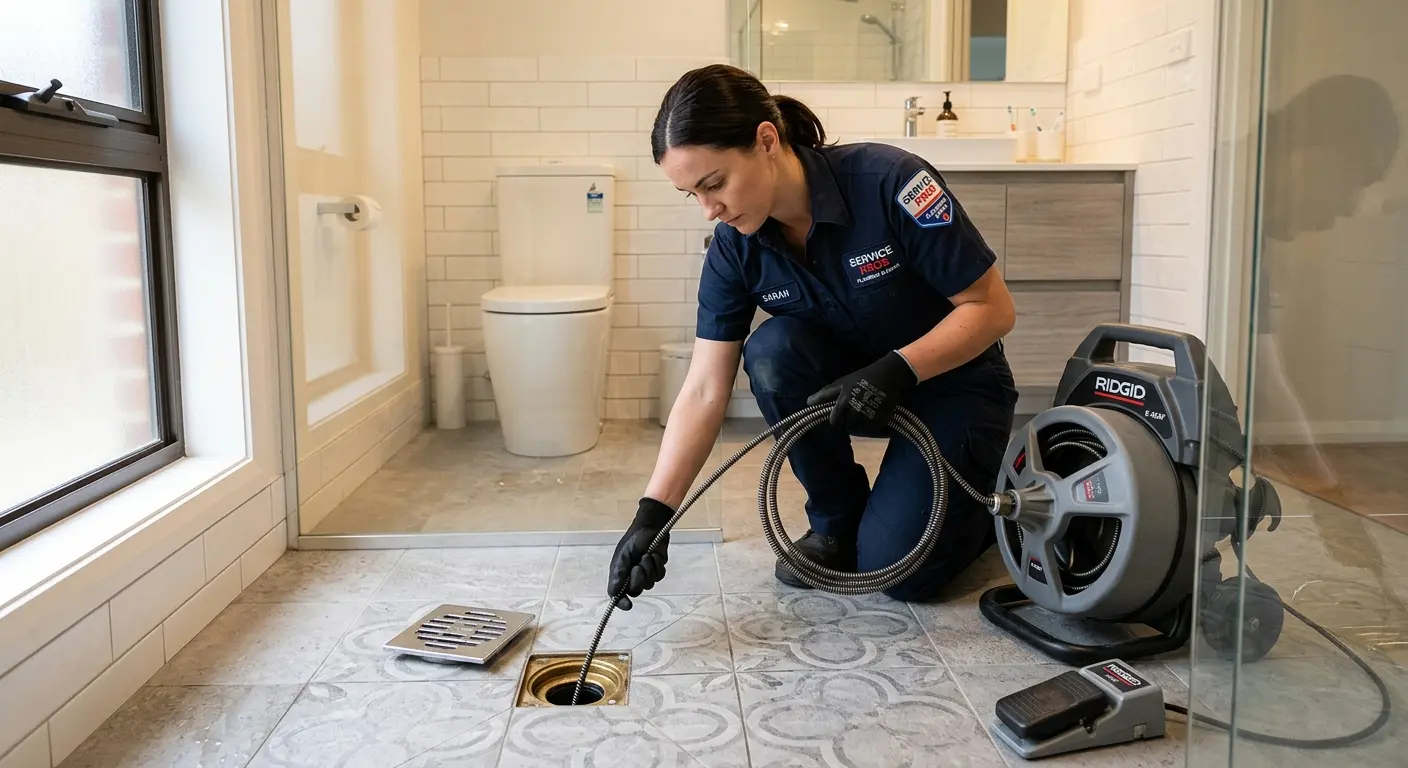 Technician clearing a bathroom floor drain for Hydro Jetting in Schuylkill Haven